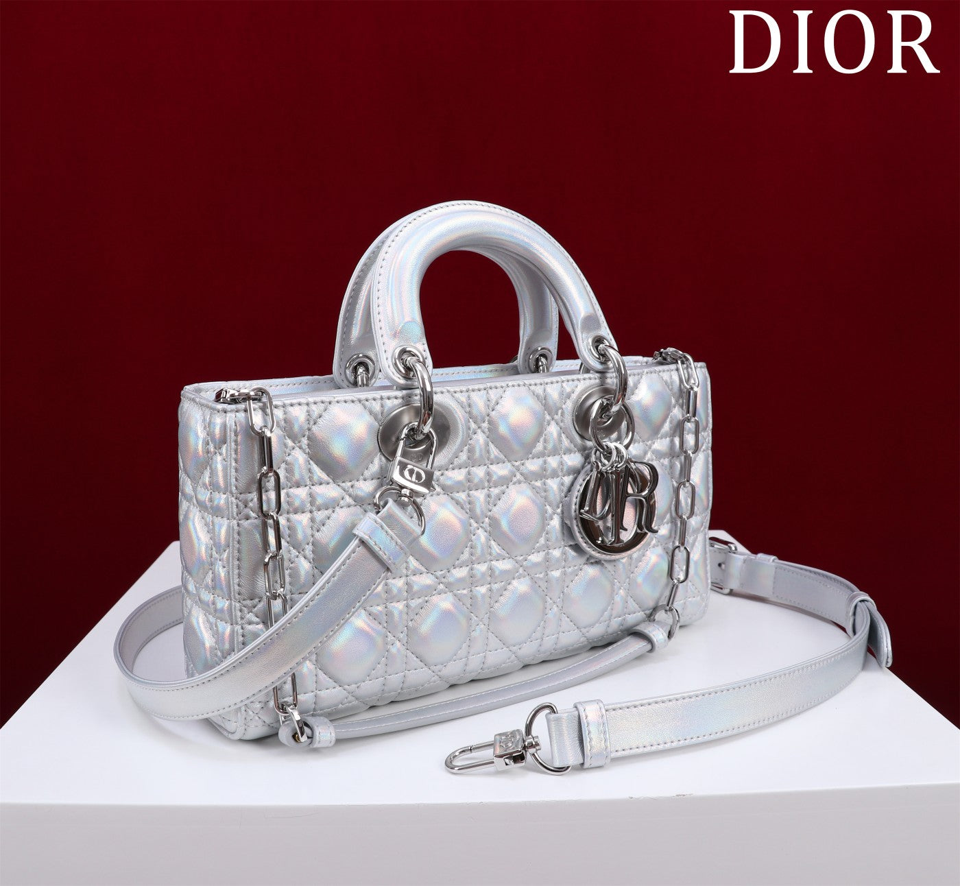 Luxury Diormedium lady d-joy 26 silver metalic lambskin