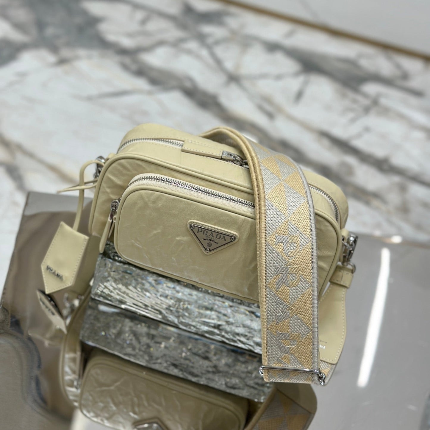 Luxury PradaCAMERA BAG 23 IN CREAM WRINKLED LAMBSKIN