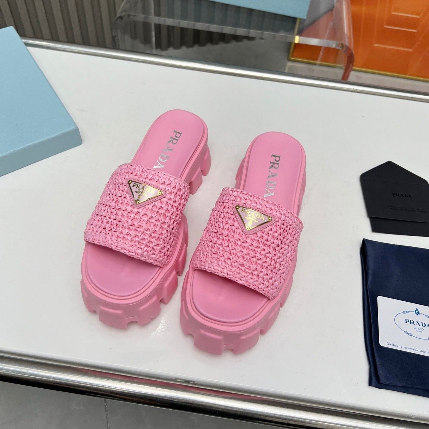 Luxury PradaTHICK-SOLED CROCHET SANDALS PINK WOVEN FABRIC