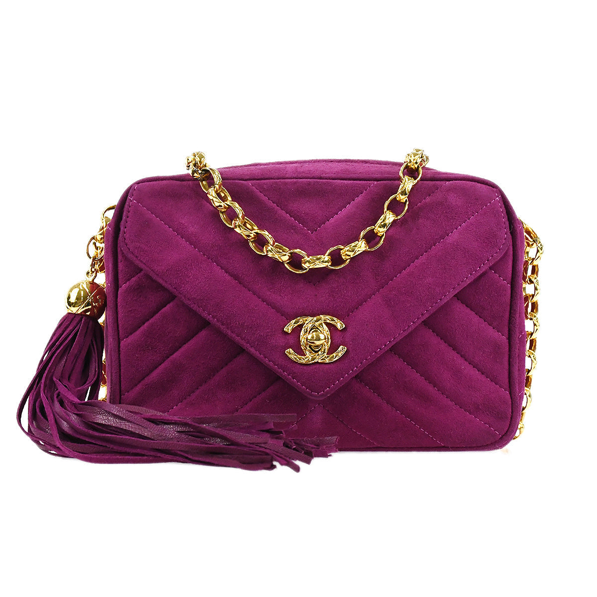 Luxury Chanel V Stitch Fringe Bijou Chain Shoulder Bag Purple Suede 88343