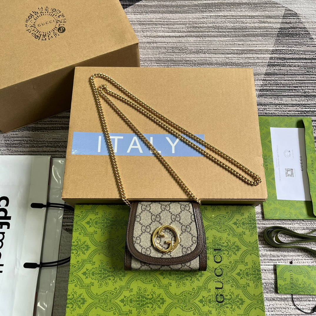 Luxury Gucci BLONDIE INTERLOCK MINI SHOULDER BAG 12 IN BEIGE CANVAS AND DARK BROWN CALFSKIN TRIM