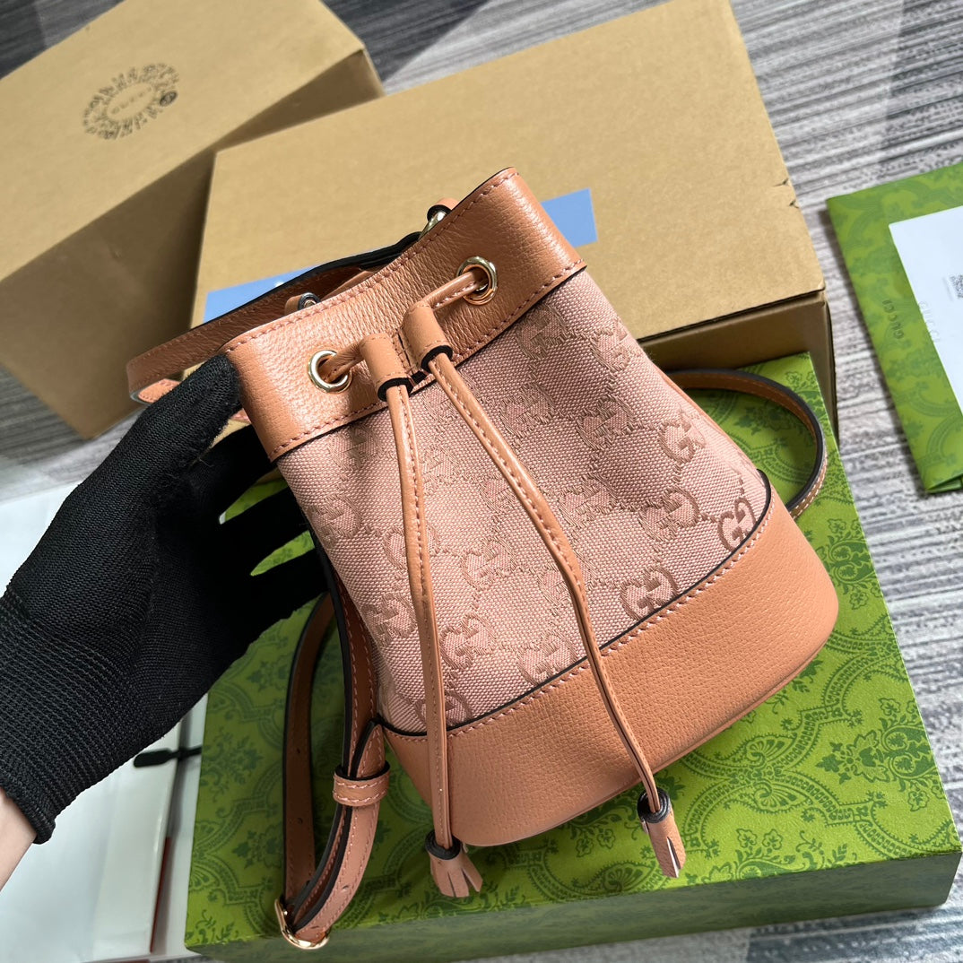 Luxury Gucci GG OPHIDIA MINI 19 BUCKET LIGHT PINK CANVAS AND CALFSKIN