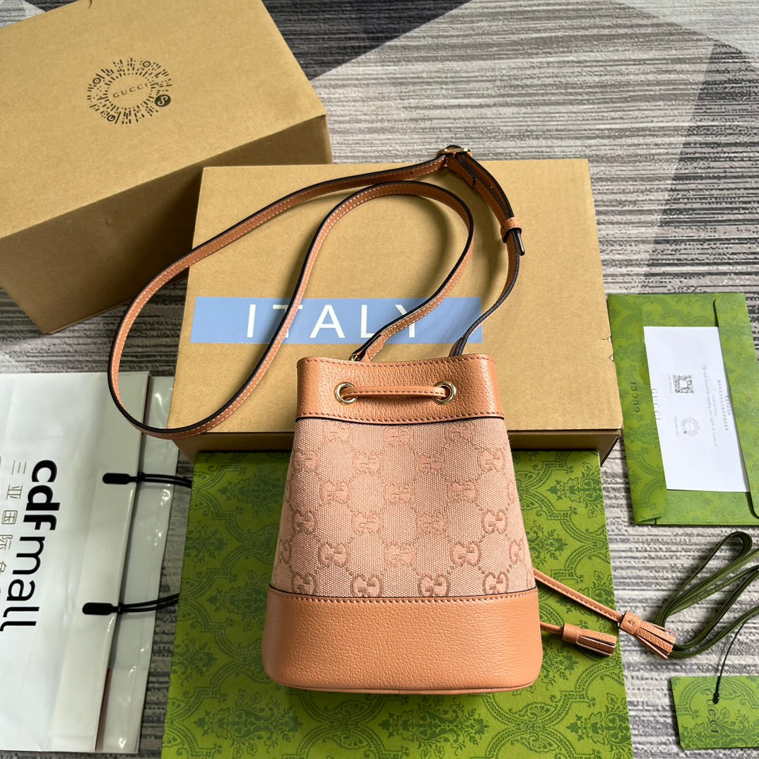 Luxury Gucci GG OPHIDIA MINI 19 BUCKET LIGHT PINK CANVAS AND CALFSKIN