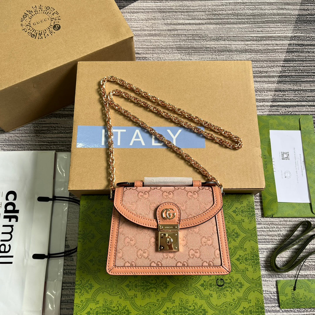 Luxury Gucci GG OPHIDIA MINI 17 HANDBAG IN LIGHT PINK CANVAS