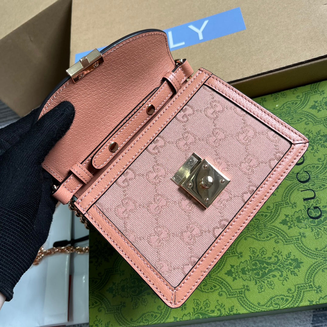 Luxury Gucci GG OPHIDIA MINI 17 HANDBAG IN LIGHT PINK CANVAS