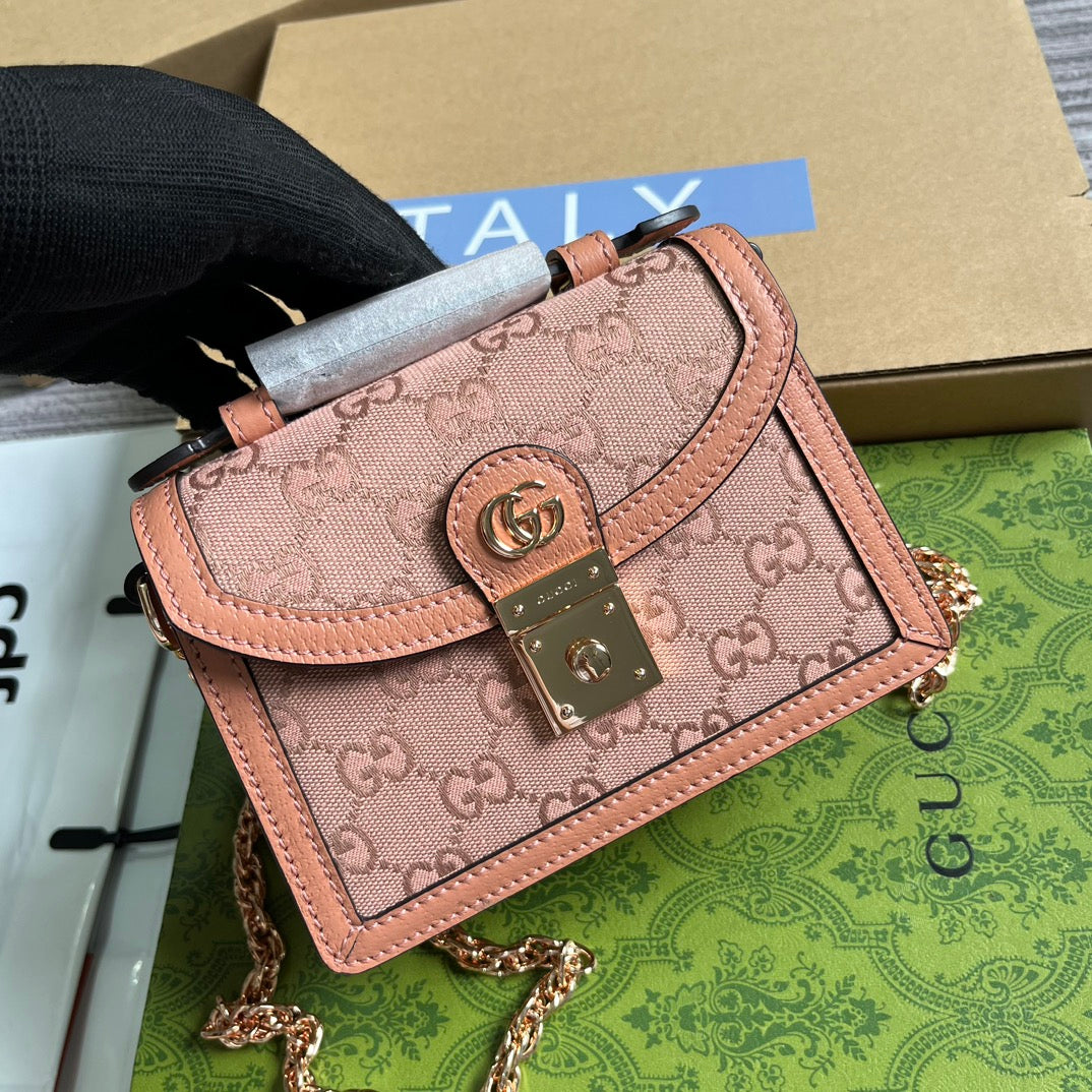 Luxury Gucci GG OPHIDIA MINI 17 HANDBAG IN LIGHT PINK CANVAS
