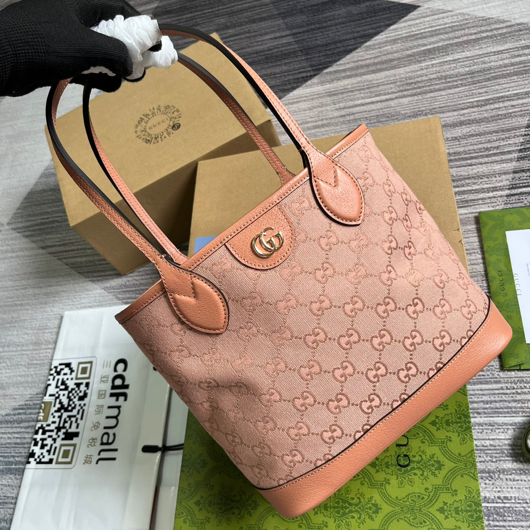 Luxury Gucci GG OPHIDIA SMALL 25 TOTE BAG IN LIGHT PINK CANVAS
