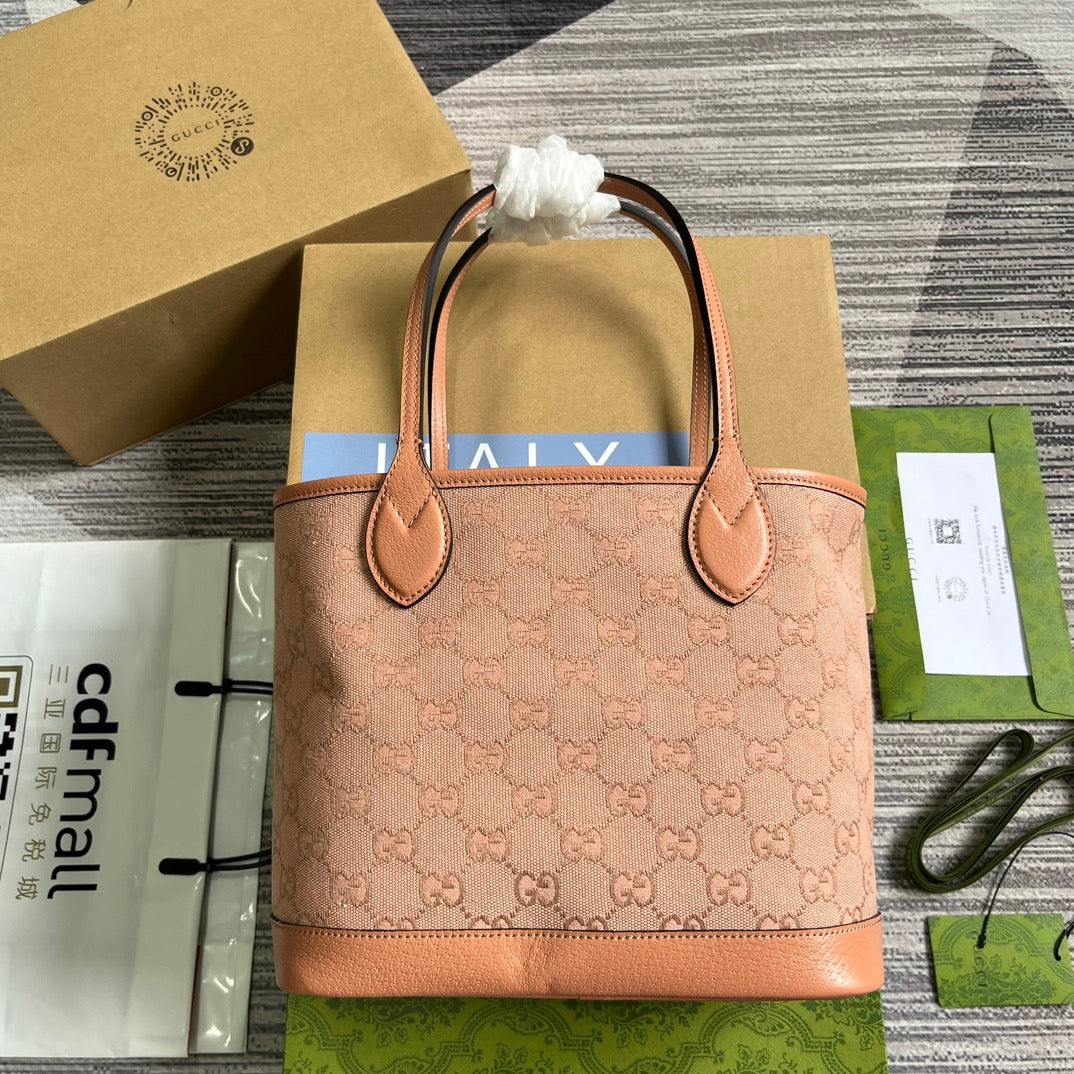 Luxury Gucci GG OPHIDIA SMALL 25 TOTE BAG IN LIGHT PINK CANVAS