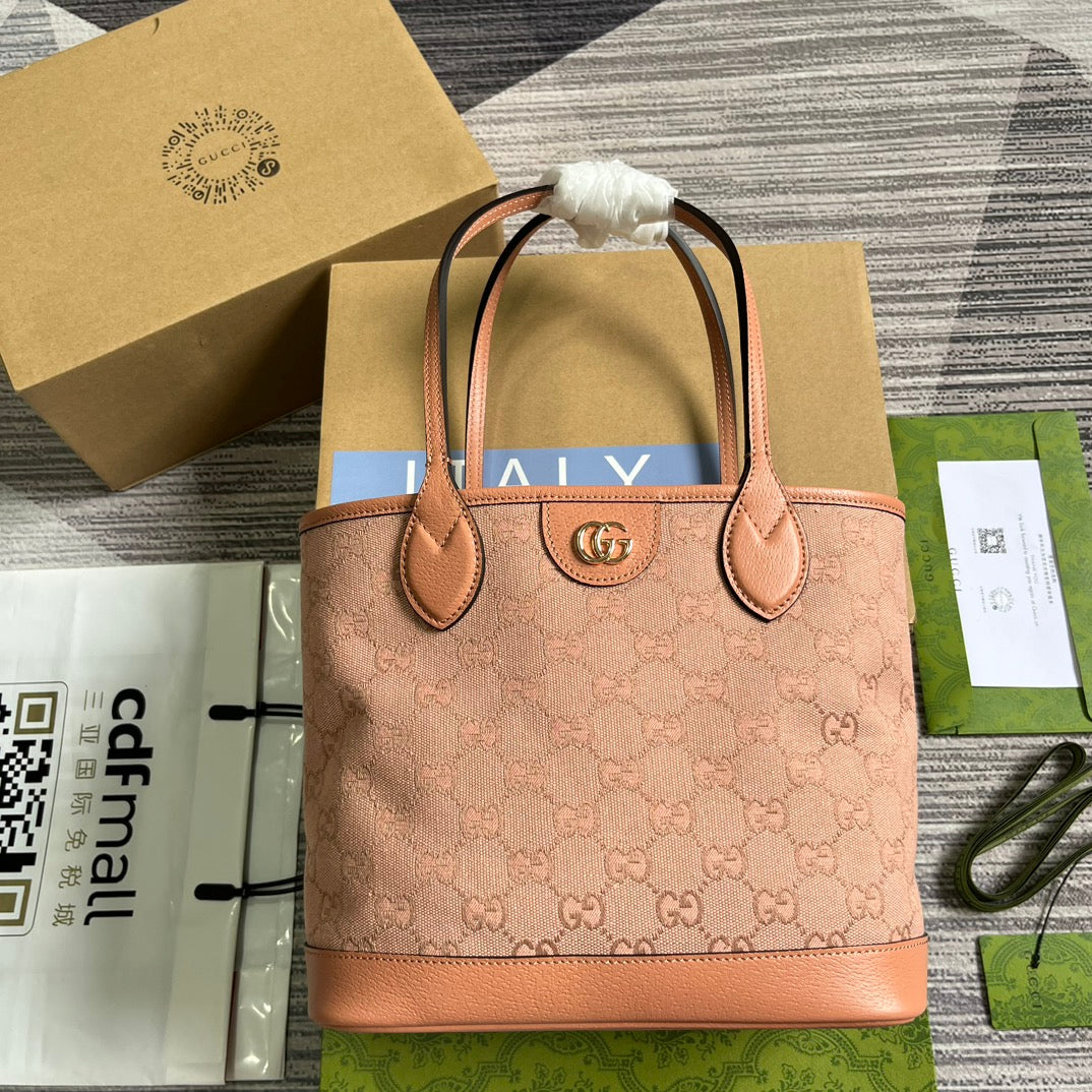 Luxury Gucci GG OPHIDIA SMALL 25 TOTE BAG IN LIGHT PINK CANVAS