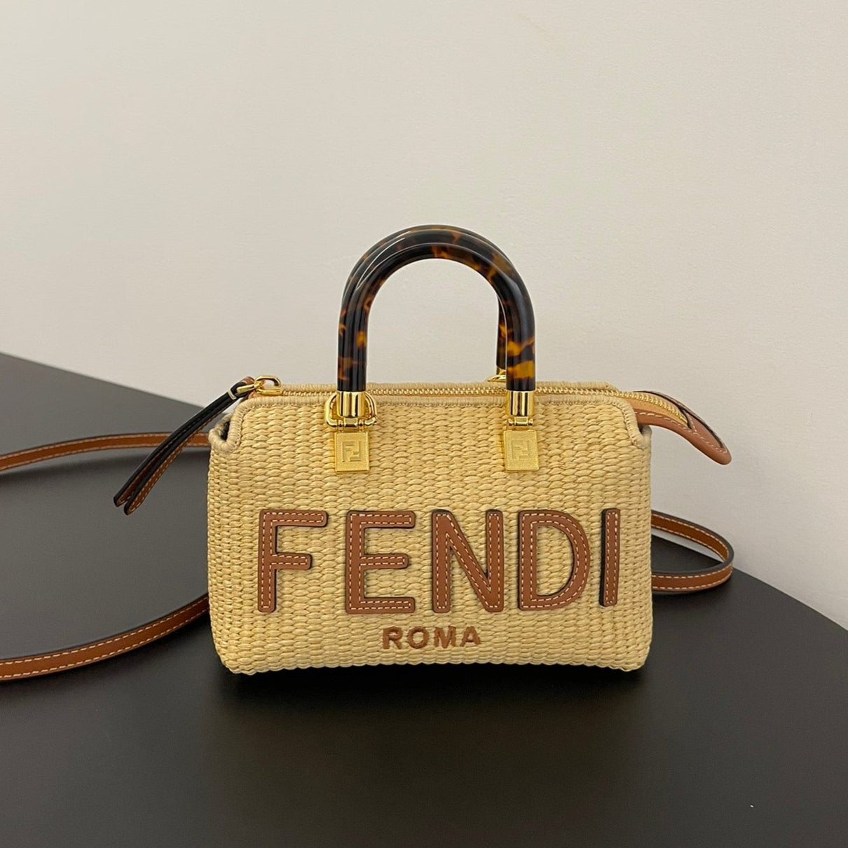 Luxury FendiBY THE WAY MINI 18 IN BEIGE STRAW AND BROWN CALFSKIN TRIM