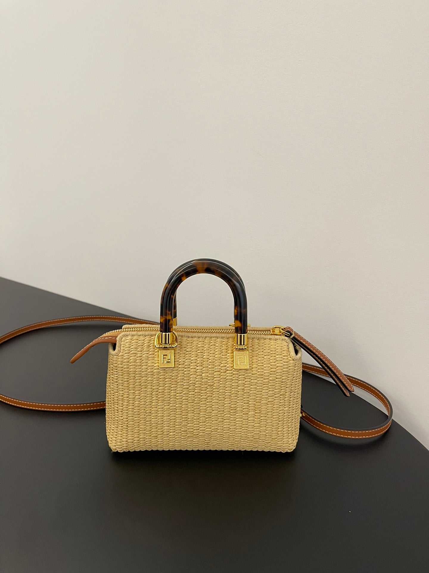 Luxury FendiBY THE WAY MINI 18 IN BEIGE STRAW AND BROWN CALFSKIN TRIM