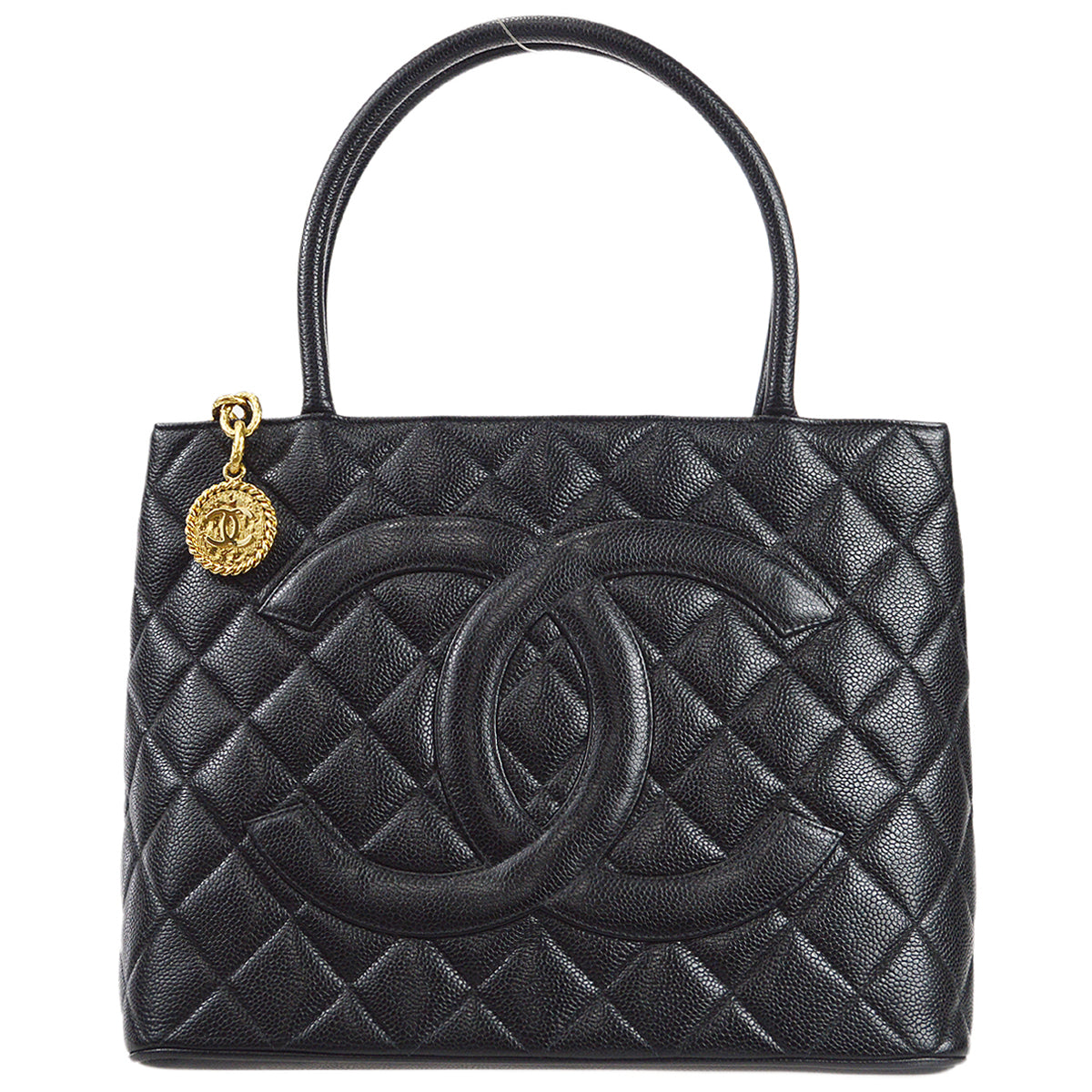 Luxury Chanel Medallion Quilted Tote Handbag Black Caviar 78481