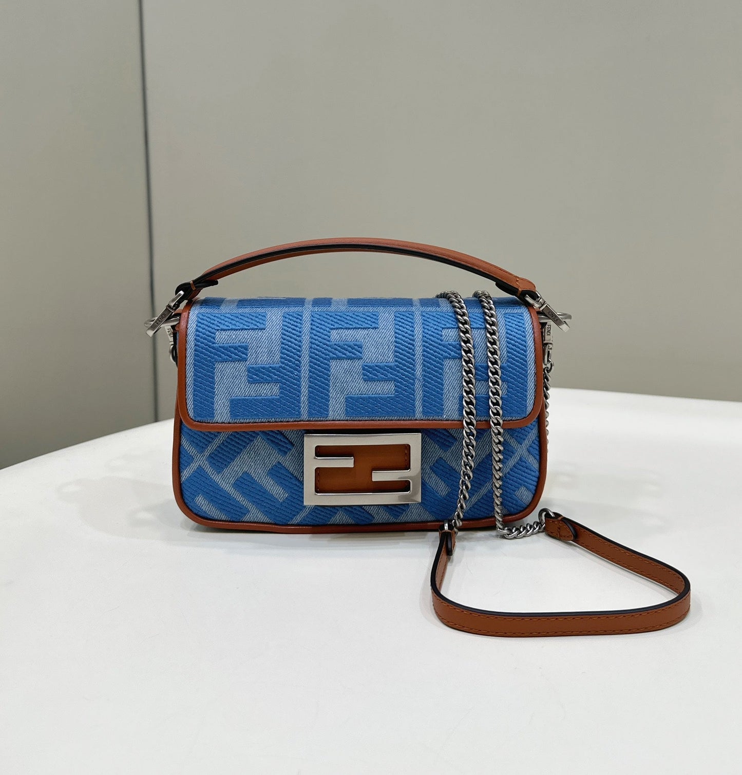 Luxury FendiLuxury Fendi19 BAGUETTE BAG IN LIGHT BLUE CANVAS WITH SILVER HARDWARE