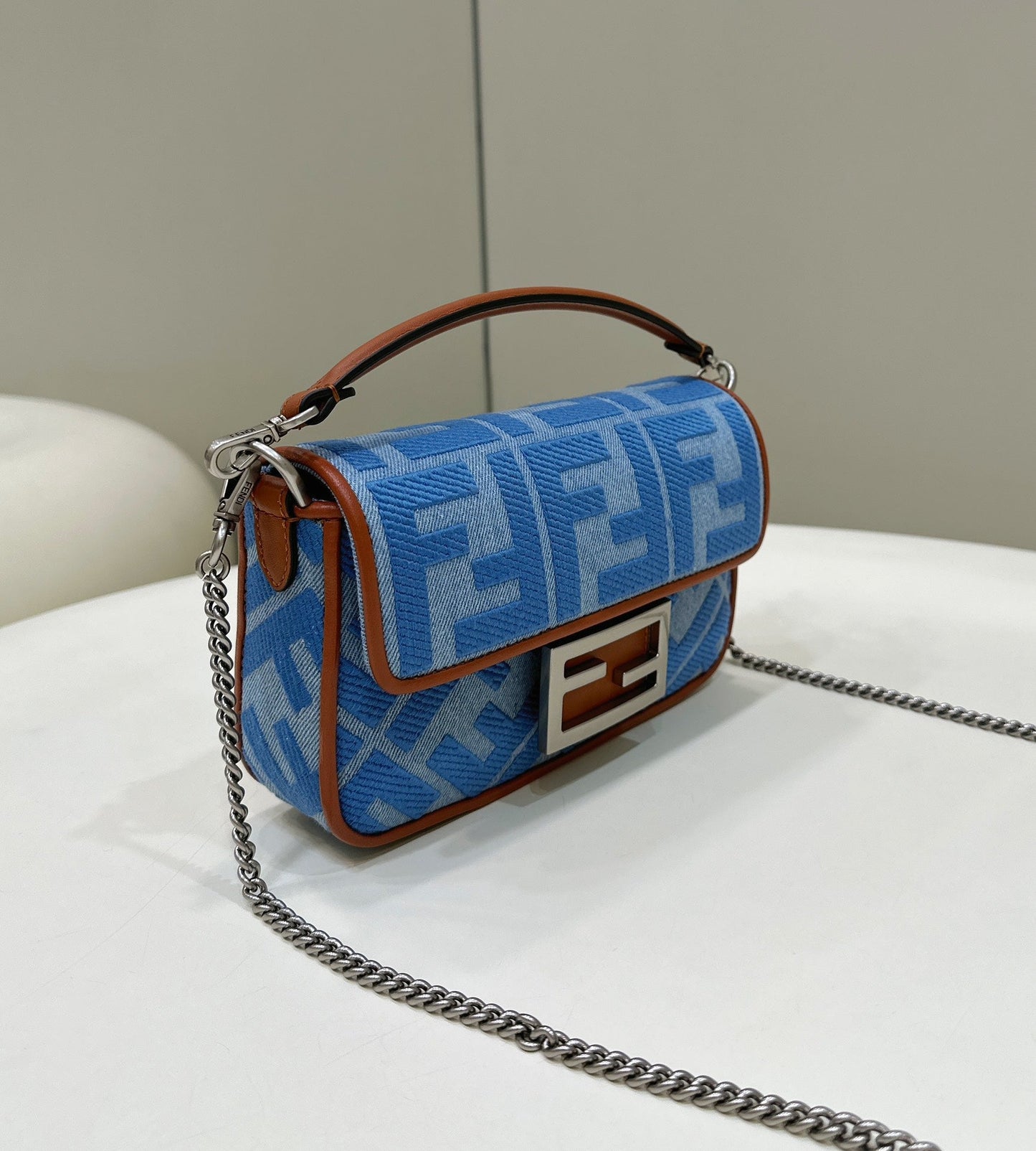 Luxury FendiLuxury Fendi19 BAGUETTE BAG IN LIGHT BLUE CANVAS WITH SILVER HARDWARE