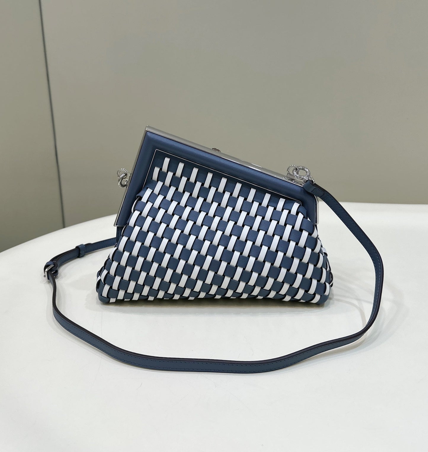 Luxury FendiLuxury Fendi26 FIRST SMALL IN MIDNIGHT BLUE MIX WHITE CALFSKIN SILVER HARDWARE