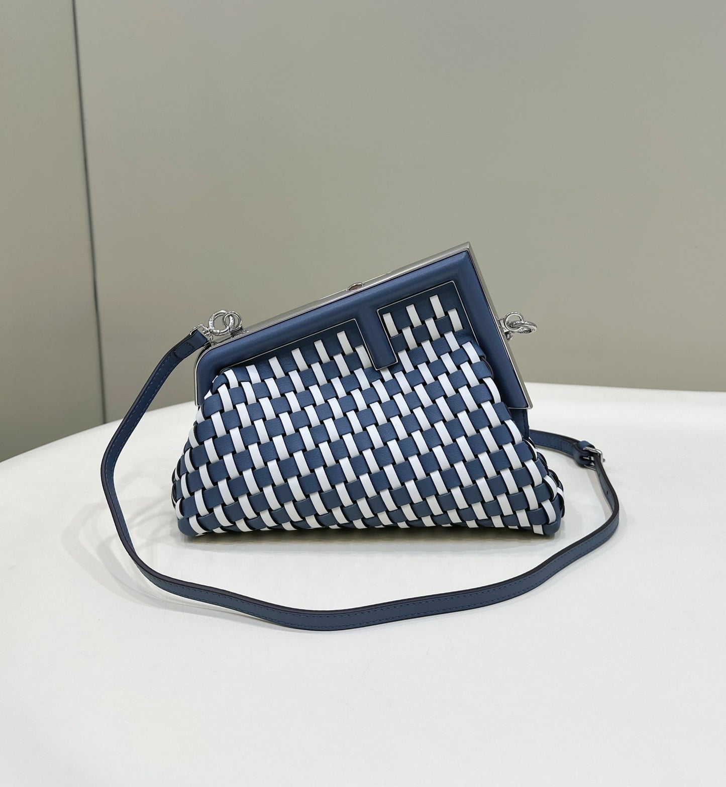 Luxury FendiLuxury Fendi26 FIRST SMALL IN MIDNIGHT BLUE MIX WHITE CALFSKIN SILVER HARDWARE