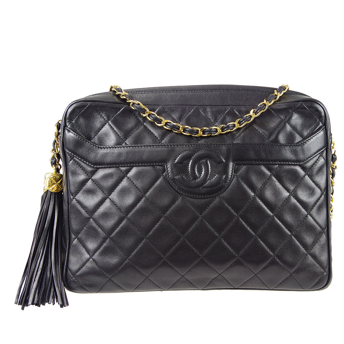 Luxury Chanel Fringe Chain Shoulder Bag Black Lambskin 67936