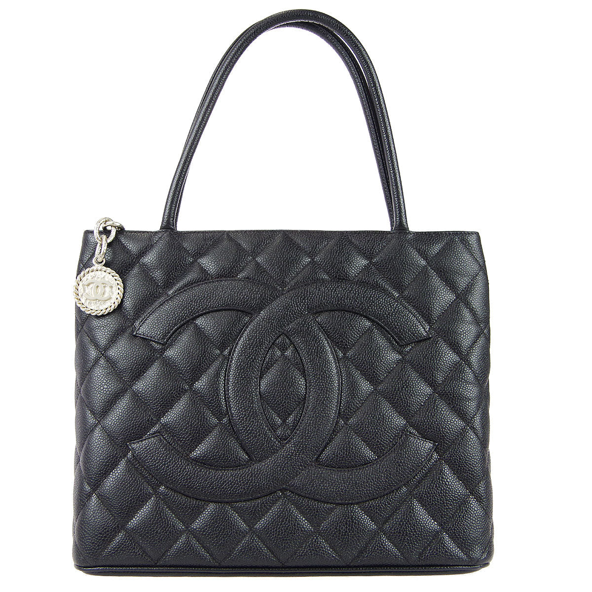 Luxury Chanel Medallion Quilted Tote Handbag Black Caviar 68010