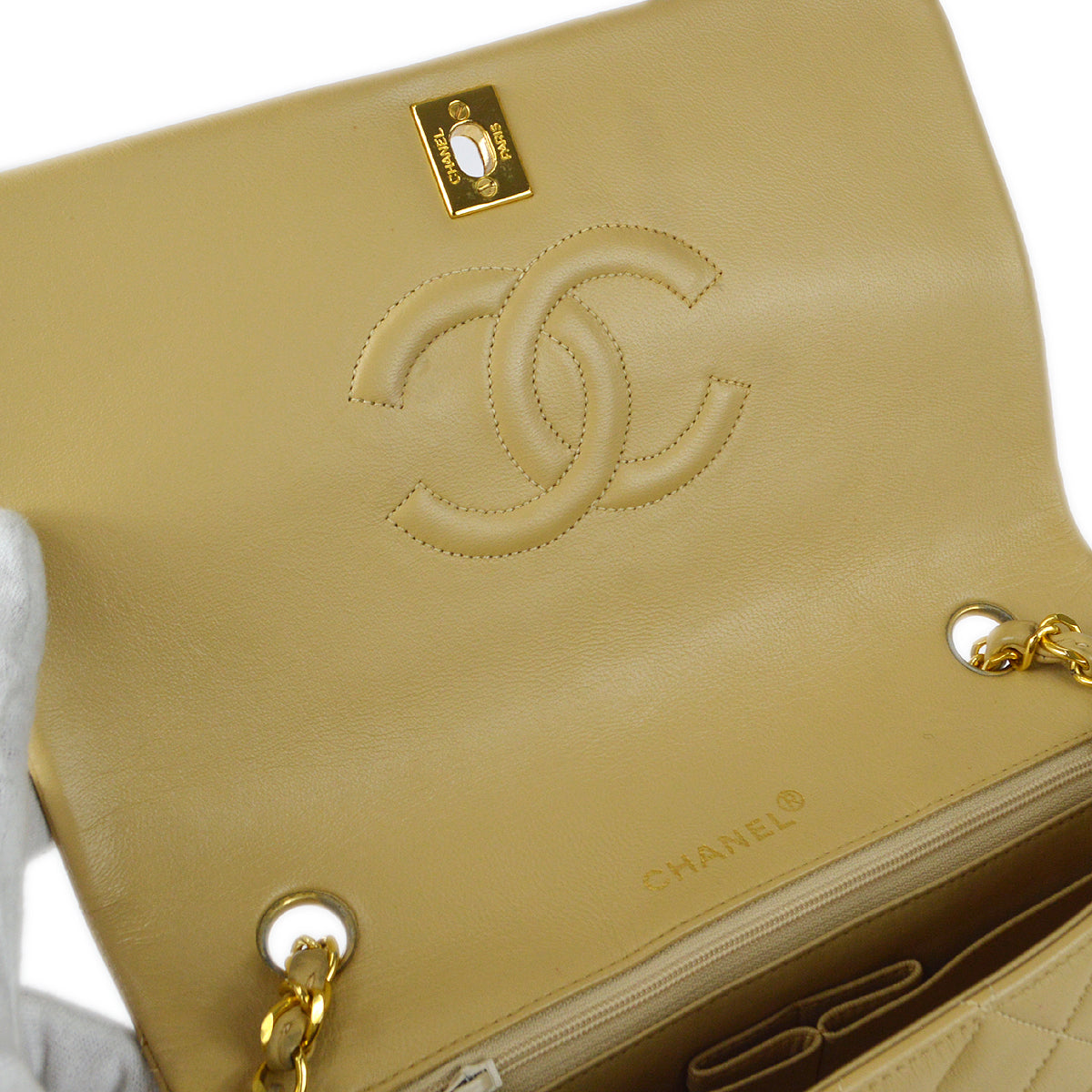 CHANEL Full Flap Chain Shoulder Bag Beige Lambskin 78394