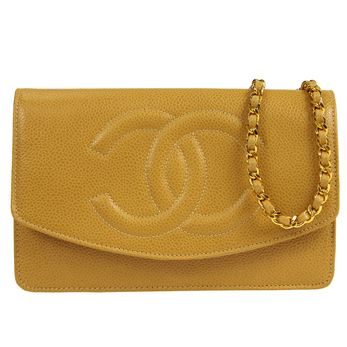 Luxury Chanel * WOC Chain Shoulder Wallet Bag Beige Caviar 89658