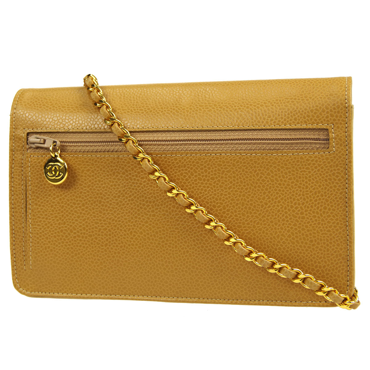 Luxury Chanel * WOC Chain Shoulder Wallet Bag Beige Caviar 89658