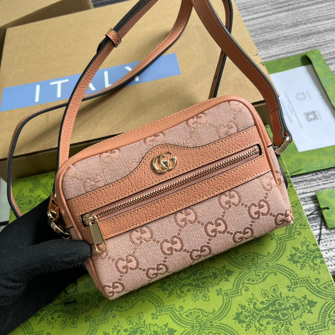Luxury Gucci OPHIDIA GG MINI 17 BAG IN LIGHT PINK CANVAS AND CALFKSKIN