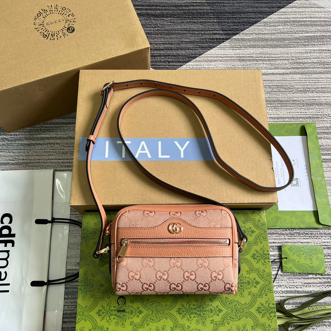 Luxury Gucci OPHIDIA GG MINI 17 BAG IN LIGHT PINK CANVAS AND CALFKSKIN