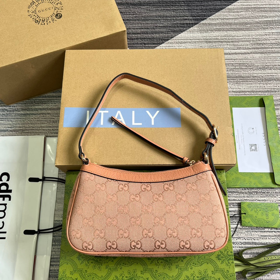 Luxury Gucci OPHIDIA GG SMALL 25 HANDBAG IN LIGHT PINK CANVAS AND CALFSKIN