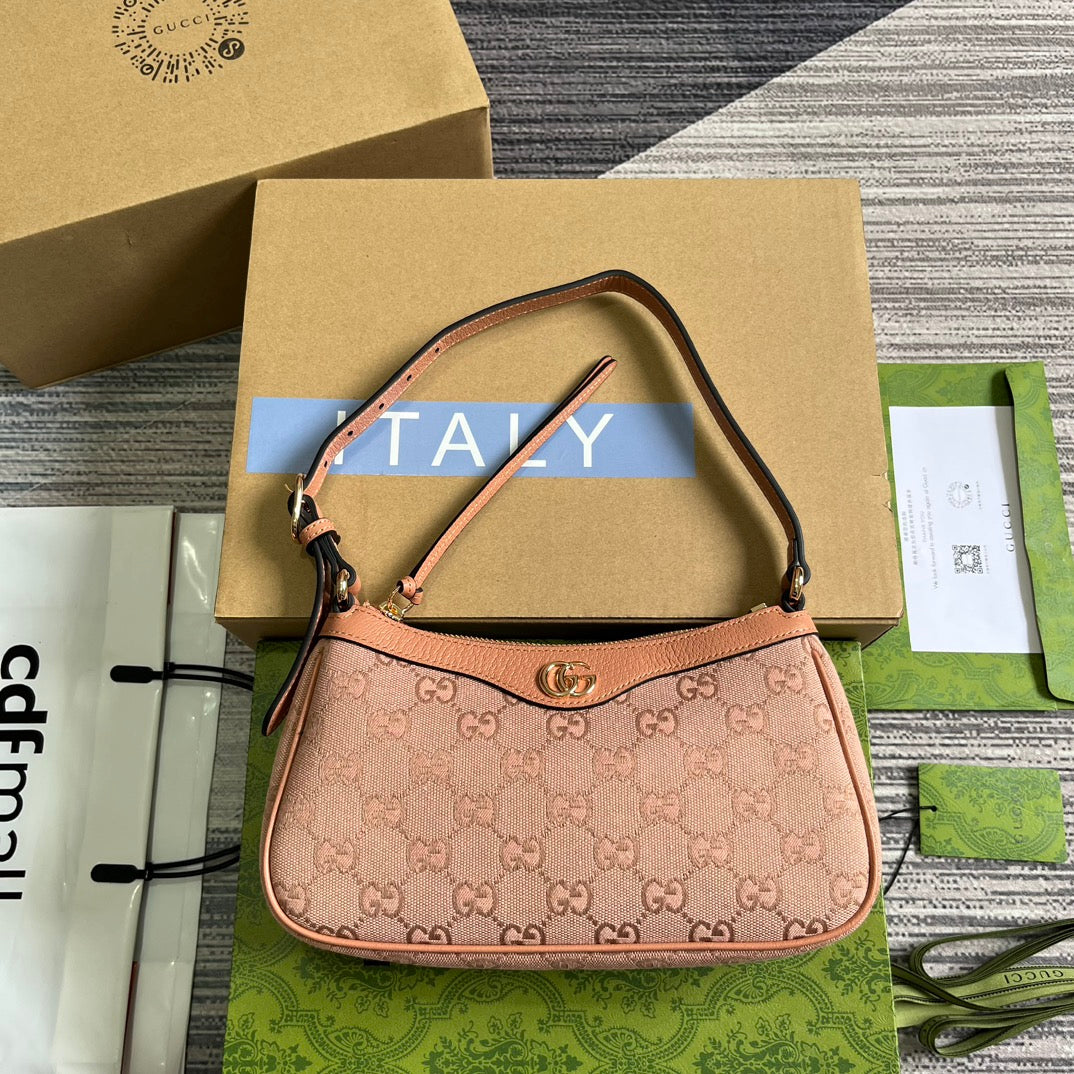 Luxury Gucci OPHIDIA GG SMALL 25 HANDBAG IN LIGHT PINK CANVAS AND CALFSKIN