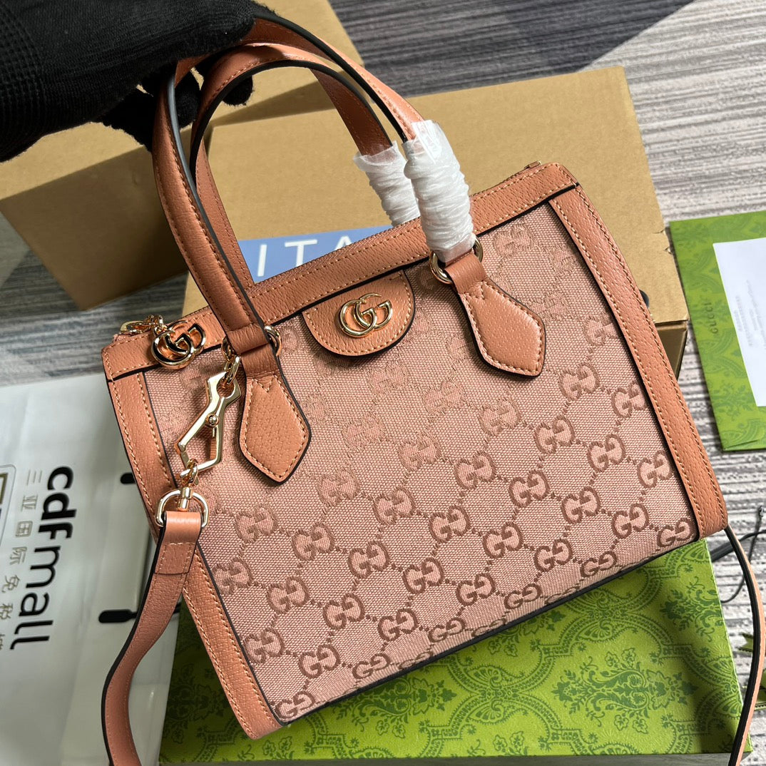 Luxury Gucci GG OPHIDIA SMALL 24 TOTE BAG IN BLUSH PINK CANVAS AND CALFSKIN