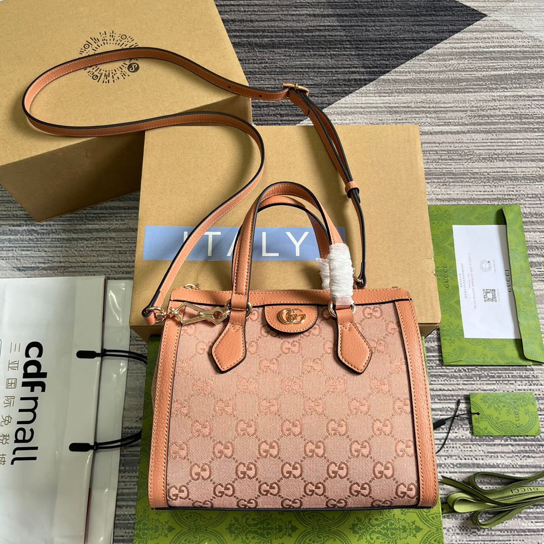 Luxury Gucci GG OPHIDIA SMALL 24 TOTE BAG IN BLUSH PINK CANVAS AND CALFSKIN