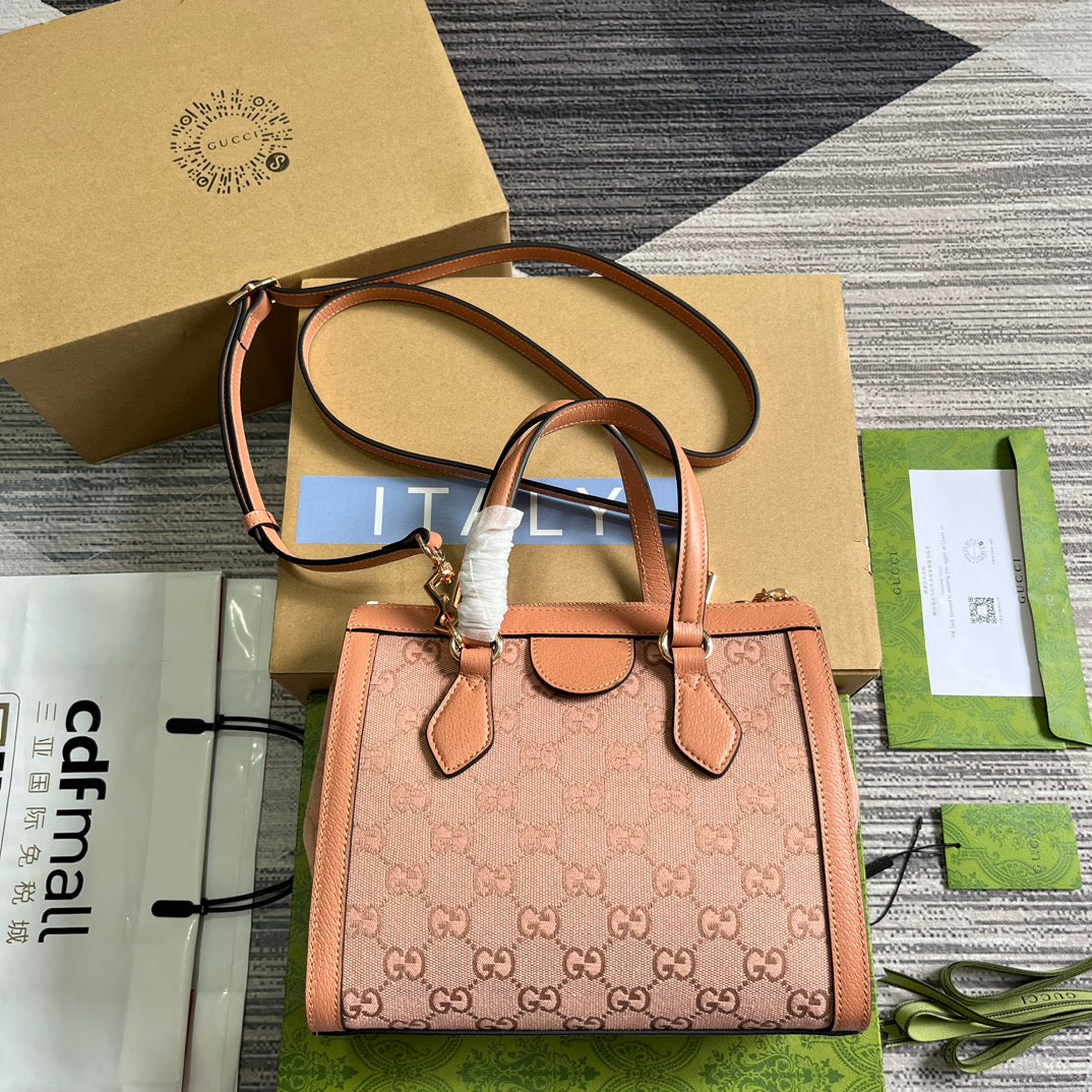 Luxury Gucci GG OPHIDIA SMALL 24 TOTE BAG IN BLUSH PINK CANVAS AND CALFSKIN