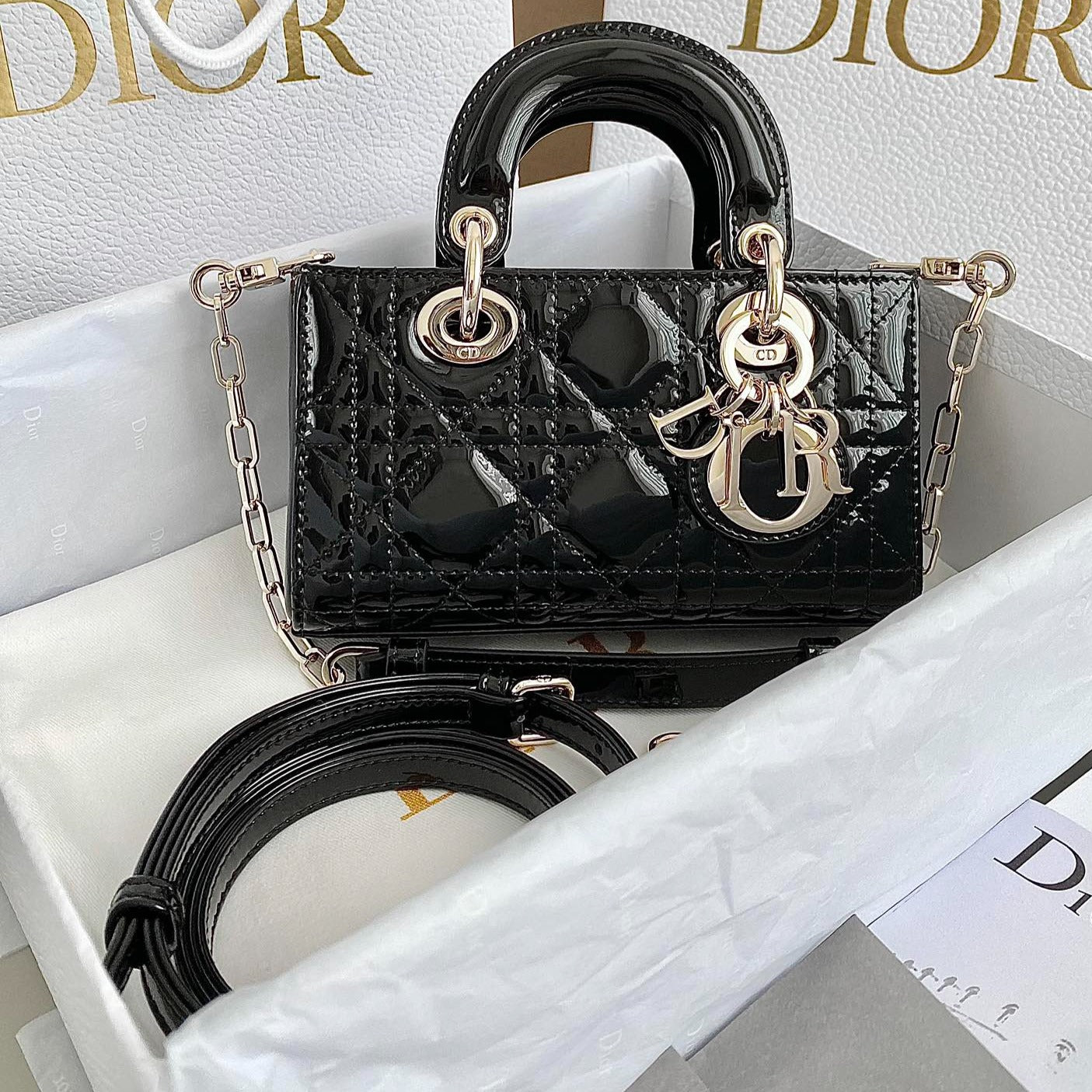 Luxury DiorMINI D-JOY BAG 17 IN BLACK LAMBSKIN