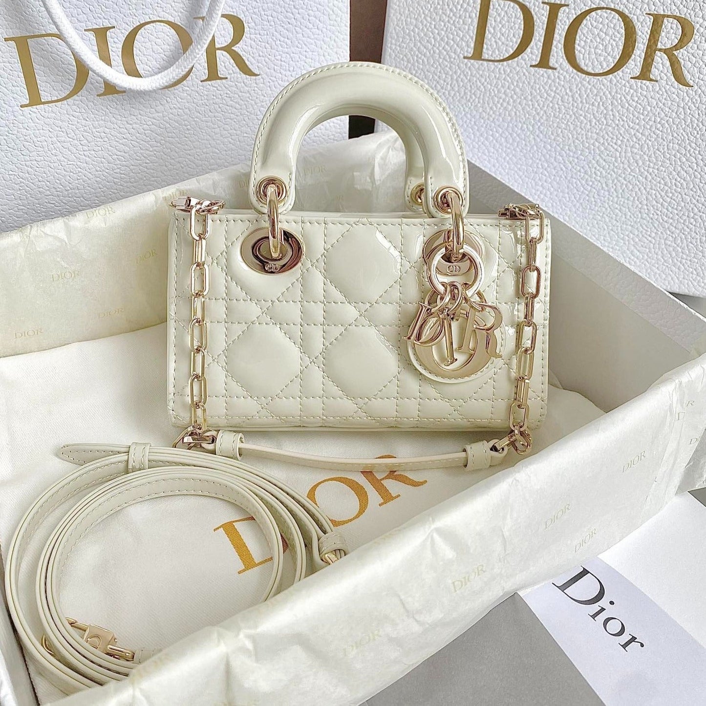 Luxury DiorMINI D-JOY BAG 17 IN WHITE LAMBSKIN