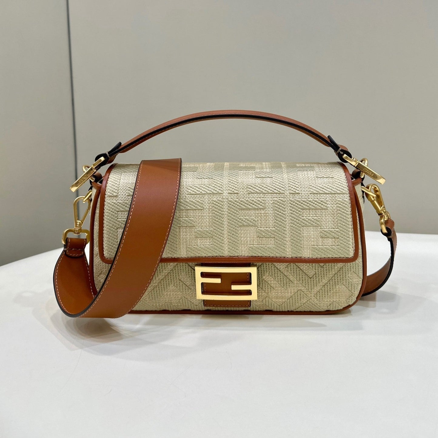 Luxury FendiFend Baguette Tan Beige Canvas Bag 27 with FF Embroidery Ghw