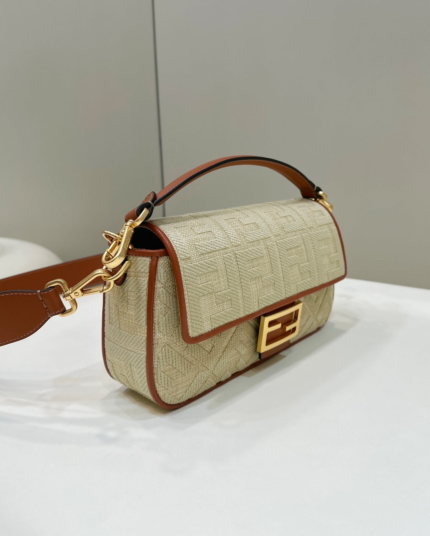 Luxury FendiFend Baguette Tan Beige Canvas Bag 27 with FF Embroidery Ghw