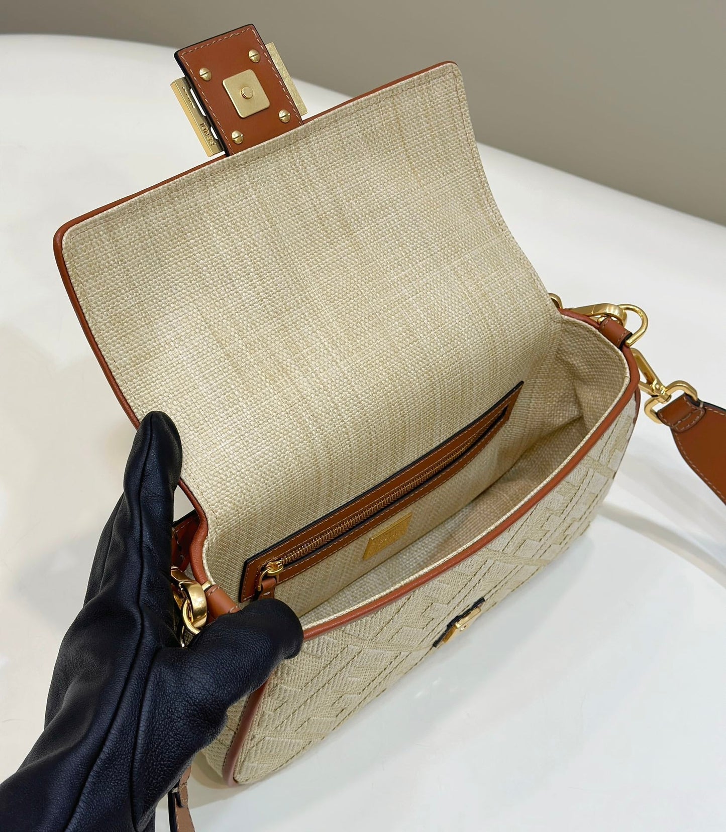 Luxury FendiFend Baguette Tan Beige Canvas Bag 27 with FF Embroidery Ghw