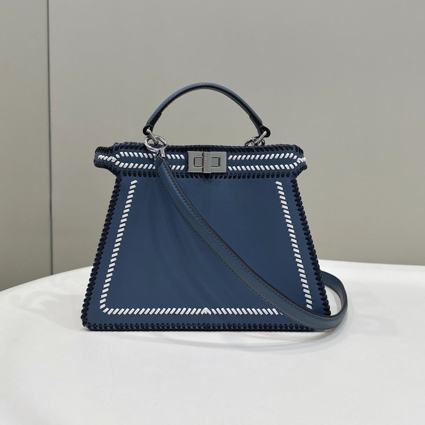Luxury FendiPEEKABOO ISEEU 27 IN BLUE BAYOUX INTERLACED CALFSKIN SILVER HARDWARE