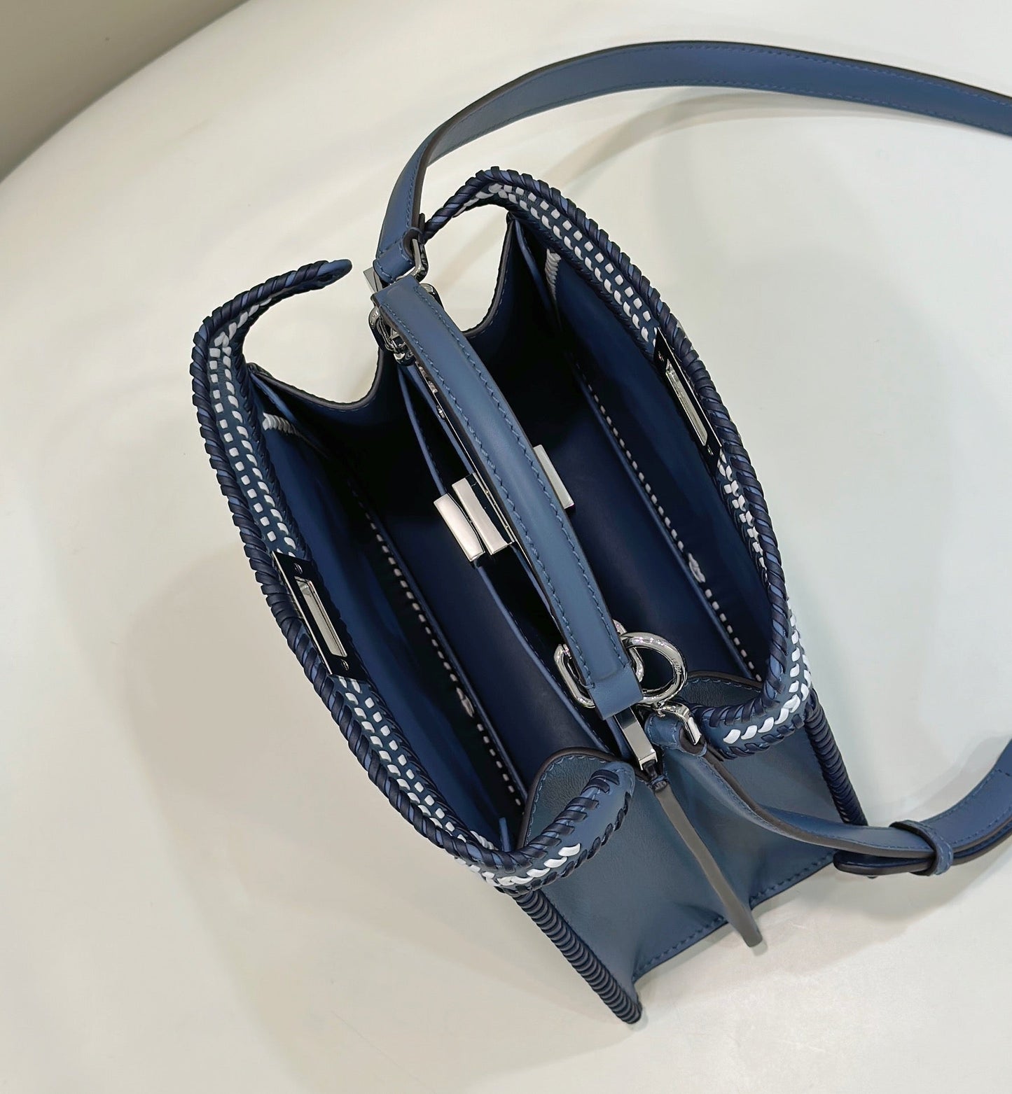 Luxury FendiPEEKABOO ISEEU 27 IN BLUE BAYOUX INTERLACED CALFSKIN SILVER HARDWARE
