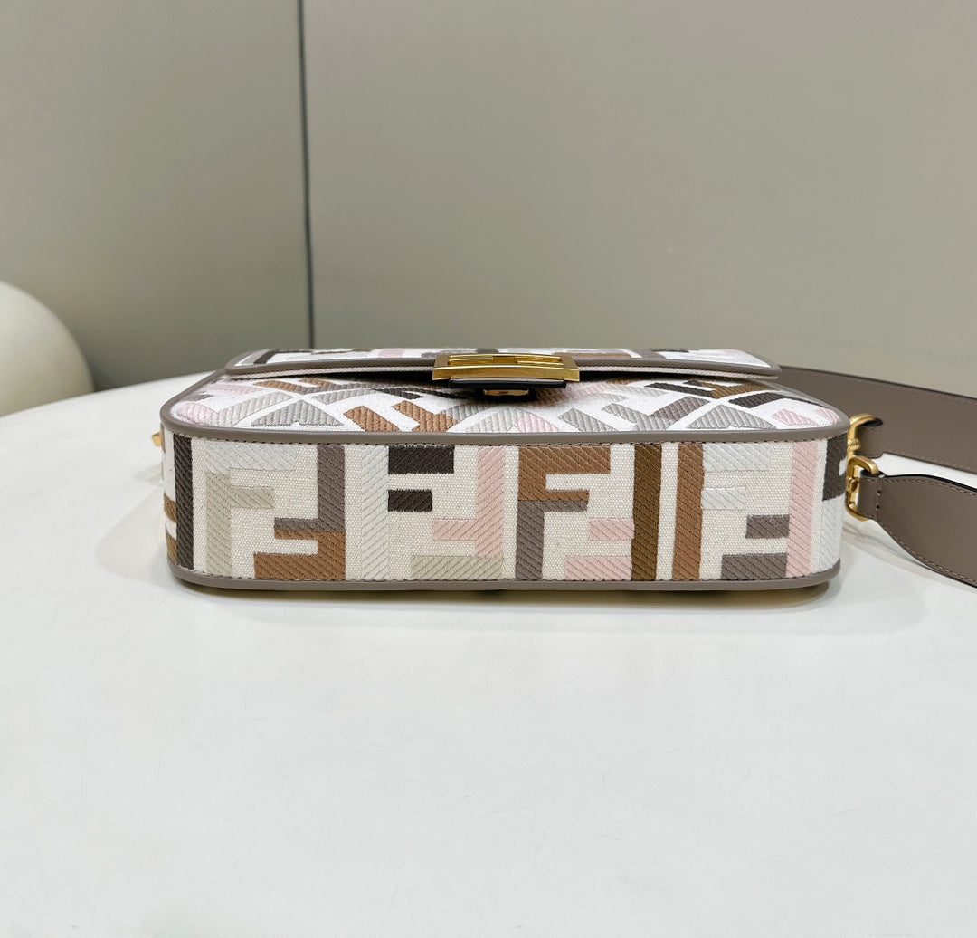 Luxury FendiBAGUETTE CANVAS 27 BAG GREY STRAP WITH MULTICOLOUR EMBROIDERY GOLD HARDWARE