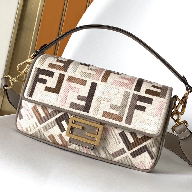 Luxury FendiFend Baguette White Brown and Multicolour Canvas Bag 27 with FF Embroidery Ghw