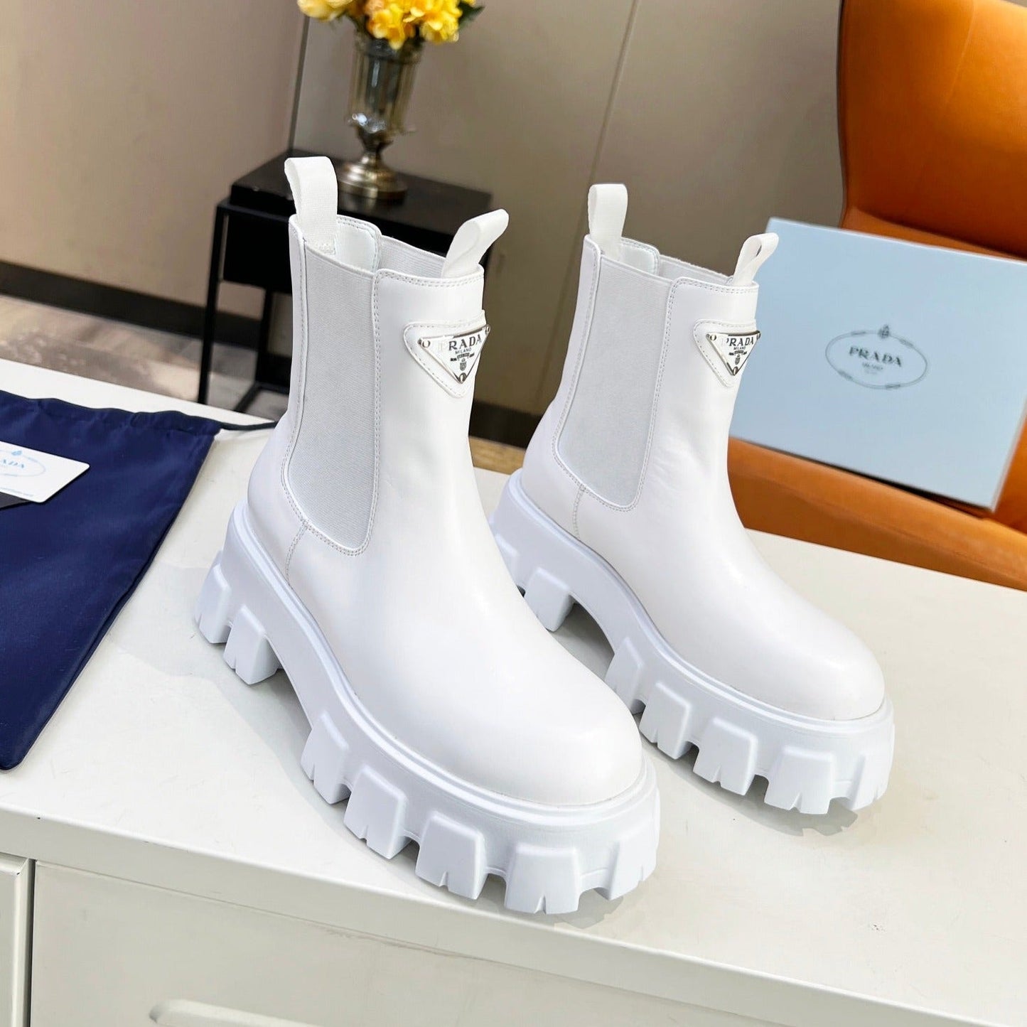 Luxury PradaMONOLITH BRUSHED BOOTIES 55 WHITE CALFSKIN