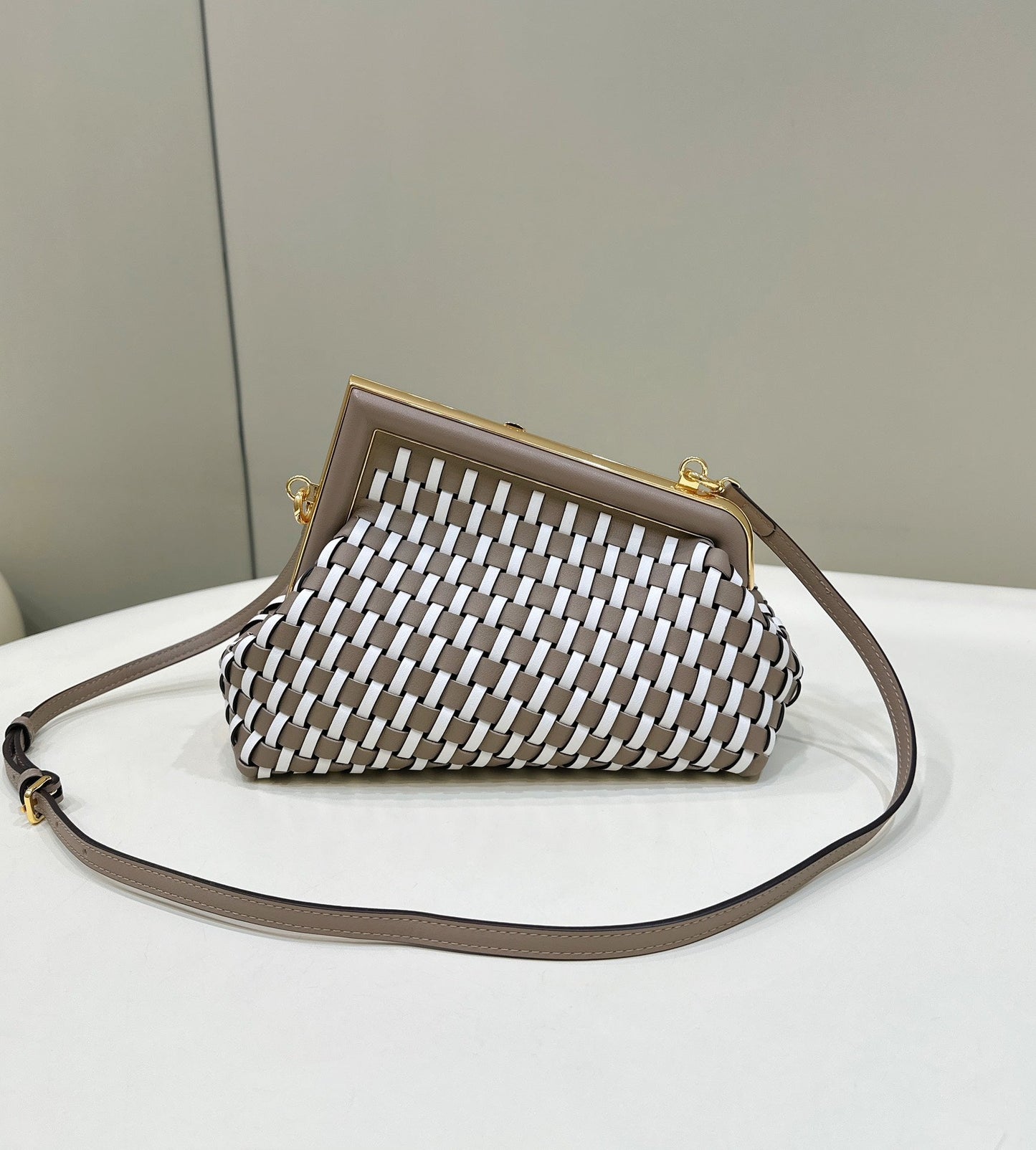 Luxury FendiLuxury Fendi26 FIRST SMALL IN TAN BROWN MIX WHITE CALFSKIN SILVER HARDWARE