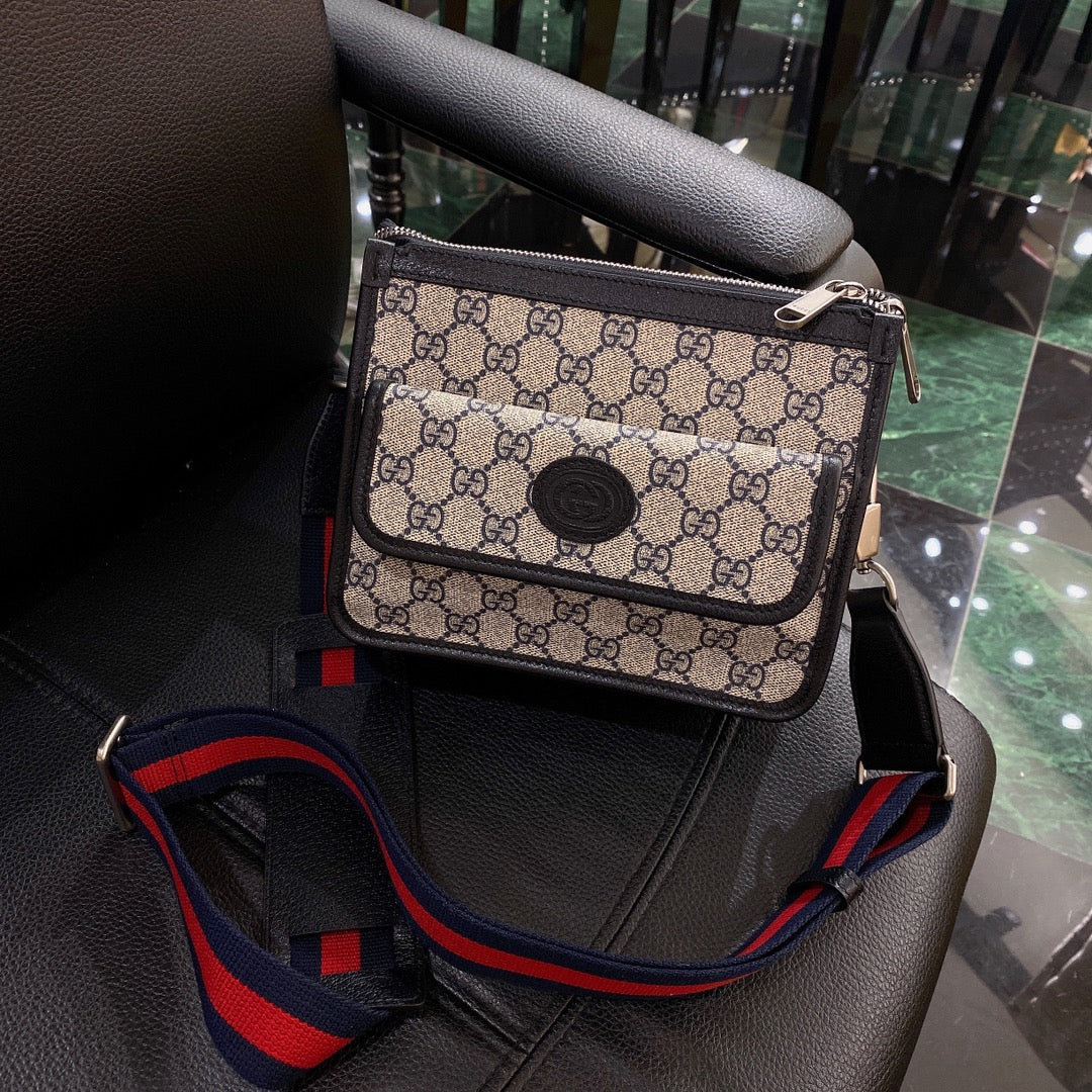 Luxury Gucci GG SMALL 21 CROSSBODY BAG WITH TAG IN BEIGE CANVAS AND BLACK CALFSKIN