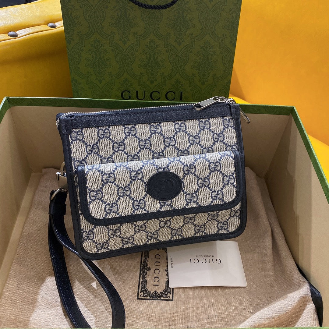 Luxury Gucci GG SMALL 21 CROSSBODY BAG WITH TAG IN BEIGE CANVAS AND BLACK CALFSKIN