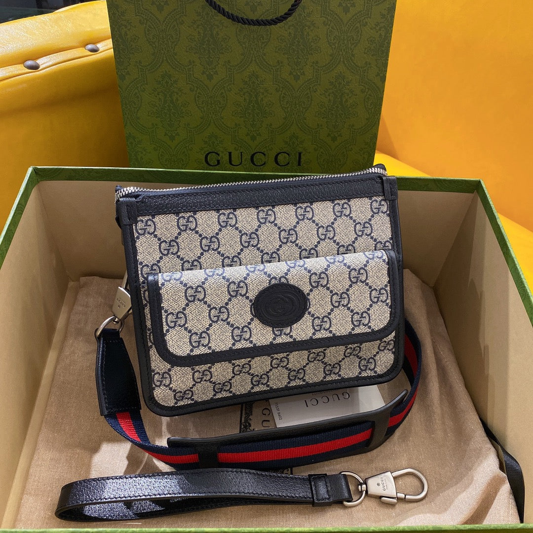 Luxury Gucci GG SMALL 21 CROSSBODY BAG WITH TAG IN BEIGE CANVAS AND BLACK CALFSKIN