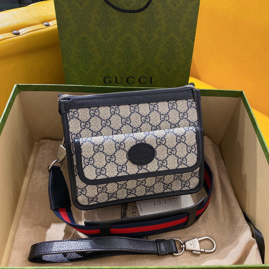 Luxury Gucci GG SMALL 21 CROSSBODY BAG WITH TAG IN BEIGE CANVAS AND BLACK CALFSKIN