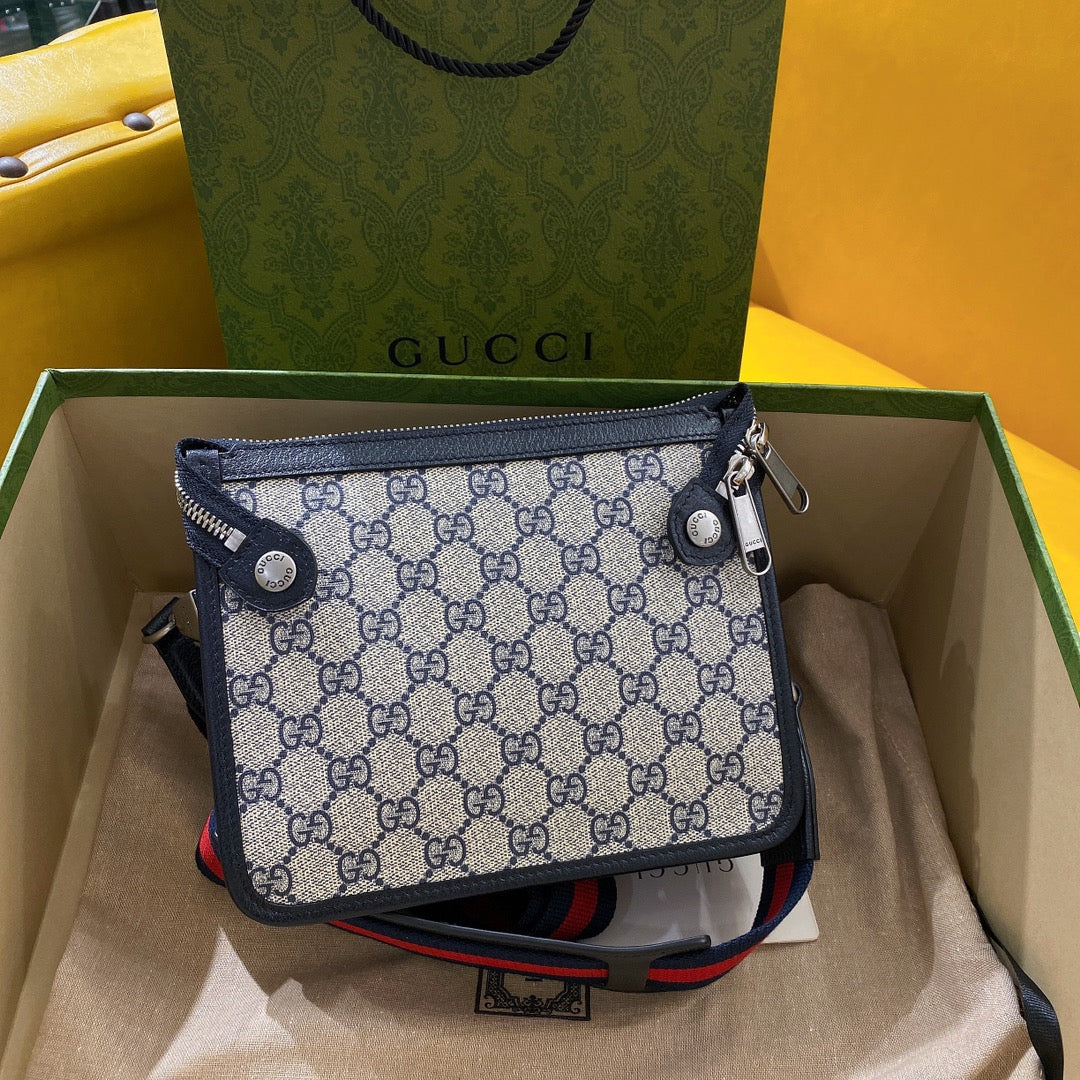 Luxury Gucci GG SMALL 21 CROSSBODY BAG WITH TAG IN BEIGE CANVAS AND BLACK CALFSKIN