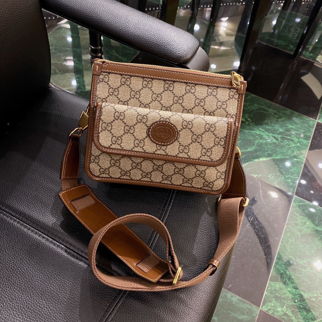 Luxury Gucci GG SMALL 21 CROSSBODY BAG WITH TAG IN BEIGE CANVAS AND BROWN CALFSKIN