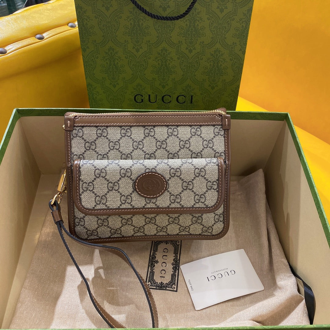 Luxury Gucci GG SMALL 21 CROSSBODY BAG WITH TAG IN BEIGE CANVAS AND BROWN CALFSKIN